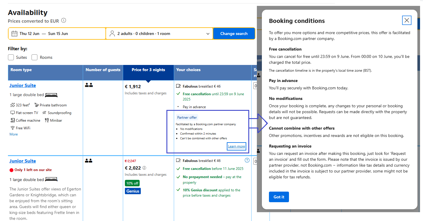 TPI rates are presented on the branded landing platforms of Booking.com tagged as “Partner Offer”