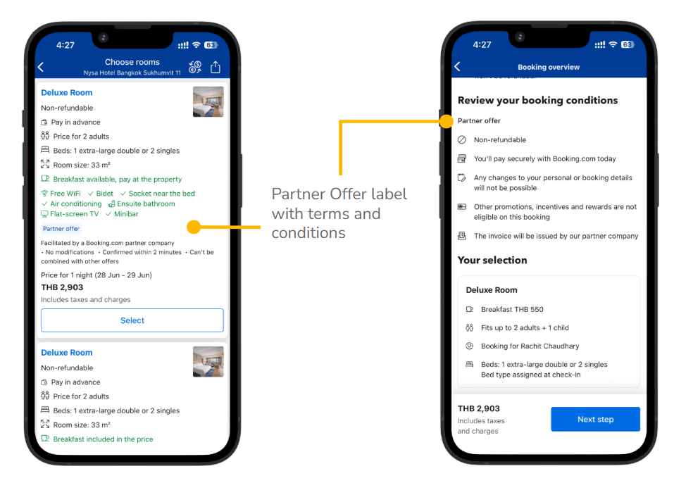 “Partner Offer” label for TPI products in Booking.com interface